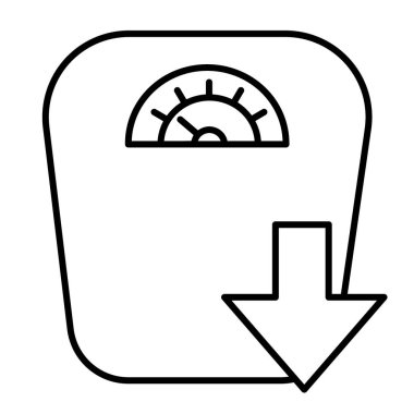 Zemin ölçekleri ve ince çizgi simgesi aşağı ok. Banyo ölçeklendirmesi vektör illüstrasyonunu beyaza izole etti. Ağırlık tasarımı, web ve uygulama için tasarlanmış. Eps 10.