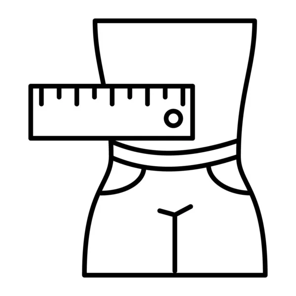 Mannelijke buikspieren meten dunne lijn pictogram. Man in korte broek vector illustratie geïsoleerd op wit. Mannelijke body en centimeter outline stijl ontwerp, ontworpen voor web en app. Eps 10. — Stockvector