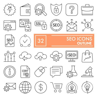 SEO ince çizgi simgesi seti, pazarlama sembolleri koleksiyonu, vektör çizimleri, logo illüstrasyonları, optimizasyon işaretleri beyaz arkaplanda izole edilmiş doğrusal piktogramlar paketi, ep 10.