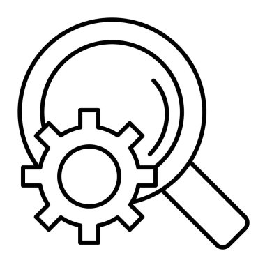 Büyüteç, ince çizgi ikonlu vites. Genişletilmiş arama vektör illüstrasyonu beyazda izole edildi. Çark ve arama taslağı tasarımı, web ve uygulama için tasarlandı. Eps 10.