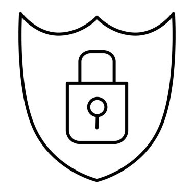 Kalkan güvenliği ince çizgi simgesi. Kilit ve kalkan vektör çizimi beyaza izole edildi. Güvenlik tasarımı, web ve uygulama için tasarlanmış. Eps 10.