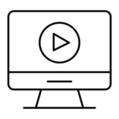 Video oynatıcı ince çizgi simgesinde. Beyaz üzerine izole edilmiş oyun işareti vektör illüstrasyonlu bilgisayar ekranı. Web ve uygulama için tasarlanmış grafik tasarımı üzerindeki film. Eps 10.