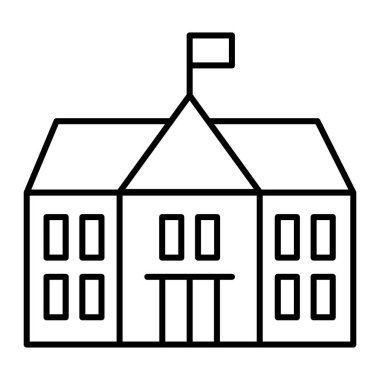 Okulun ince çizgi ikonu. Bina vektör çizimi beyaza izole edildi. Üniversite tasarımı, web ve uygulama için tasarlanmış. Eps 10.