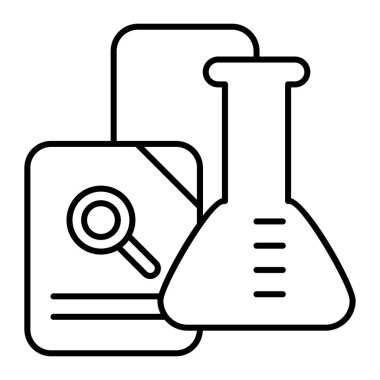 İnce çizgi simgesini araştır. Kimyasal matara ve belgelendirme vektör çizimi beyaza izole edildi. Laboratuvar matarası ve büyüteç tasarımı web ve uygulama için tasarlandı. Eps 10.
