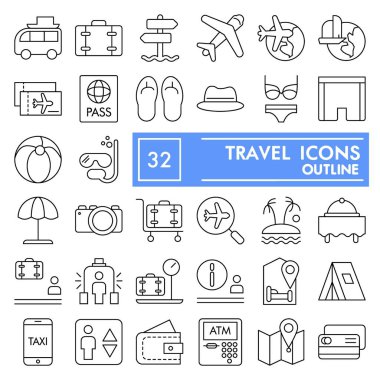 Seyahat ince çizgi simgesi seti, tatil sembolleri koleksiyonu, vektör çizimleri, logo illüstrasyonları, turizm işaretleri beyaz arkaplanda izole edilmiş doğrusal piktogramlar paketi, 10 Pound.