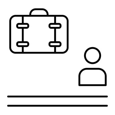 Bagaj ince çizgi simgesi bekleniyor. İnsan ve bagaj taşıyıcı çizimi beyaza izole edilmiş. Kişi ve bavul tasarımı, web ve uygulama için tasarlanmış. Eps 10.