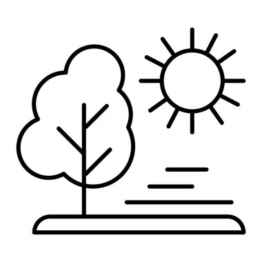 Güneş ve ağaç ince çizgi ikonu. Beyaz üzerine izole edilmiş doğa vektör illüstrasyonu. Bitki tasarımı, web ve uygulama için tasarlandı. Eps 10.