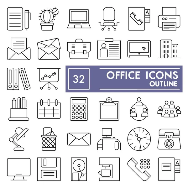 Conjunto de iconos de línea delgada de oficina, colección de símbolos de trabajo, bocetos vectoriales, ilustraciones de logotipos, signos de suministros de oficina paquete de pictogramas lineales aislados sobre fondo blanco, eps 10 . — Vector de stock