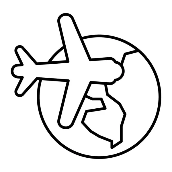 Globo e piana icona linea sottile. Illustrazione del mondo e del vettore aereo isolato su bianco. Design stile contorno di viaggio, progettato per web e app. Eps 10 . — Vettoriale Stock