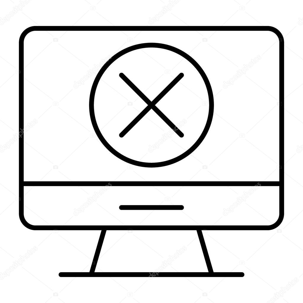 Computer with x mark thin line icon. Screen with cross vector illustration isolated on white. Error on screen outline style design, designed for web and app. Eps 10.