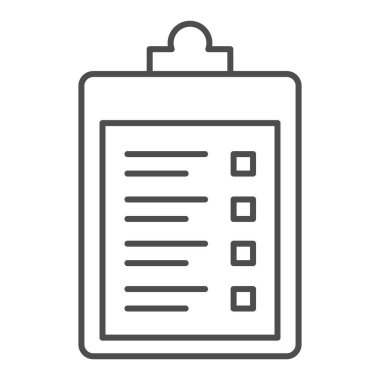 İnce satır simgesine, Heath Care konseptine, beyaz arkaplandaki tıbbi reçeteye, mobil tasarım için ana hatlı pano simgesine sahip pano. Vektör grafikleri.