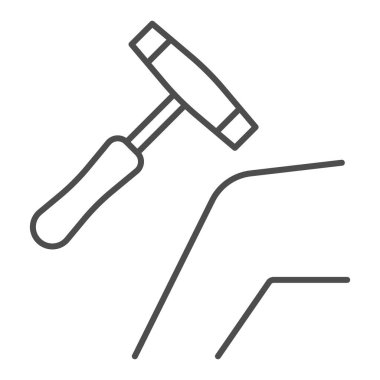 Tıbbi çekiç gibi ince çizgi ikonu olan insan dizi, Heath Care konsepti, diz tepkisini beyaz arka planda çekiç işareti ile kontrol etmek, tıbbi refleks çekici ikonu ana hatlarda. Vektör grafikleri.