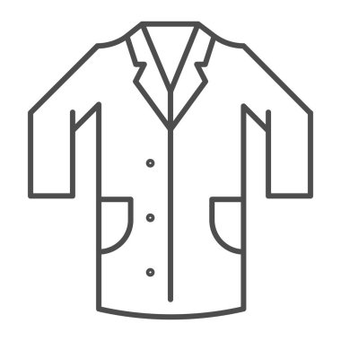 Tıbbi elbise ince çizgi ikonu, kıyafet konsepti, beyaz arka planda laboratuvar üniforması tabelası, mobil konsept web tasarımı için hastane personeli ve doktor kostüm ikonu. Vektör grafikleri.