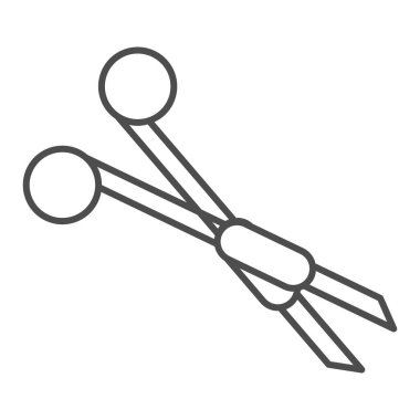 Cerrahi makas, ince çizgi ikonu, tıp konsepti, beyaz arka planda cerrah ekipmanı işareti, mobil konsept ve web tasarımı için ana hatlarda tıbbi klemp veya makas ikonu. Vektör grafikleri.