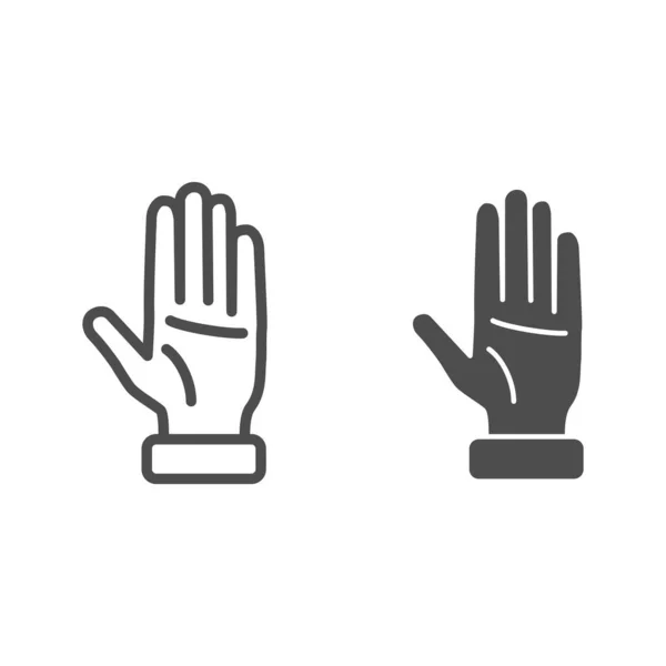 Línea de mano elevada e icono sólido, concepto de gestos, signo de palma abierta sobre fondo blanco, icono de mano en estilo de esquema para el concepto móvil y el diseño web. Gráficos vectoriales . — Archivo Imágenes Vectoriales