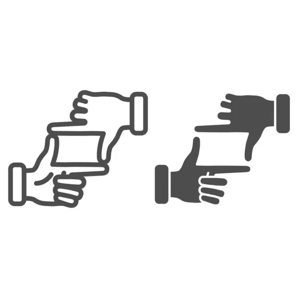 Mains en ligne de geste de cadre photo et icône solide, concept de gestes, mains humaines faisant signe de recadrage sur fond blanc, icône de geste de la main photographe dans le style de contour pour mobile. Graphiques vectoriels . — Image vectorielle