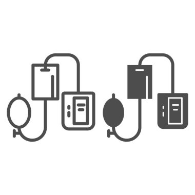 Elektronik tonometre hattı ve katı ikon, Heath Care konsepti, beyaz arka planda arteriyel tansiyon kontrol cihazı işareti, cep telefonu ve internet için sphygmomanometre ikonu. Vektör grafikleri.