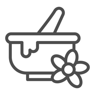 Spa kase hattı ikonu, spa salonu konsepti, beyaz arka planda havan topu ve tokmak tabelası, taşınabilir konsept ve web tasarımı için ana hatlı öğütücü ikonu olan bitkisel kase. Vektör grafikleri.