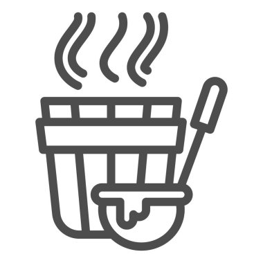Sauna kovası ve kepçe çizgisi ikonu, spa konsepti, beyaz arka planda büyük kaşık işareti olan küvet, mobil ve web tasarımı için ana hatlı sauna aksesuar ikonu. Vektör grafikleri.