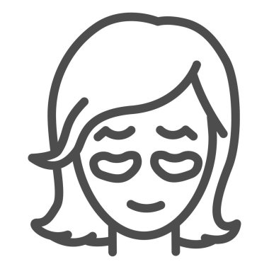 Yama çizgisi simgesi olan kız yüzü, güzellik prosedürü konsepti, beyaz arka planda göz kapağı altında kozmetik yamalar uygulamak, kadın yüz simgesine ana hatlarıyla jel yaması yapmak. Vektör grafikleri.