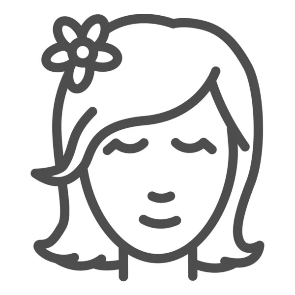 Cabeça de menina com flor no ícone da linha de cabelo, conceito de beleza, logotipo do salão de spa com sinal de retrato da mulher no fundo branco, mulher bonita vestindo flor no ícone do cabelo no estilo esboço. Vetor . —  Vetores de Stock