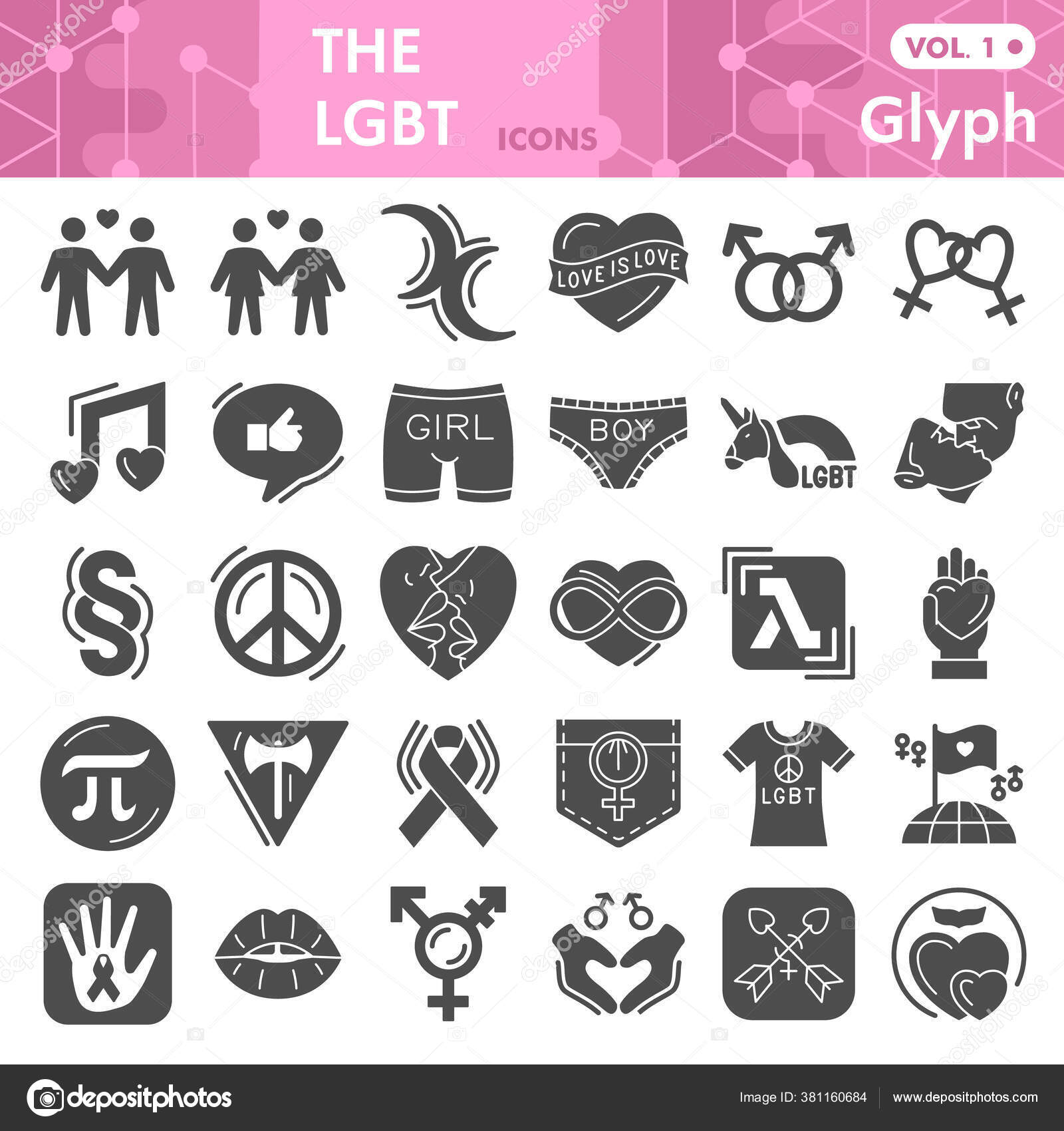 Lgsolid icon set, Gender syols collection or sketches. Бесплатные знаки  любви геев и лесбиянок для паутины, пакет пиктограмм в стиле глифов  изолирован на белом фоне. Векторная графика . Векторное изображение  ©sabustock 381160684