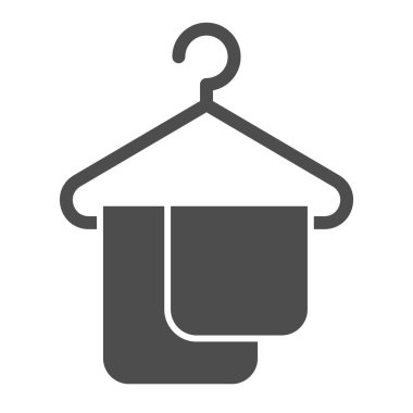 Askıdaki havlular katı ikon, banyo konsepti, beyaz arka planda güzellik salonu pamuk tekstil tabelası, mobil konsept ve web tasarımı için banyo havlusu ikonu. Vektör grafikleri.