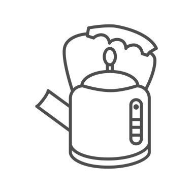Retro kettle ince çizgi ikonu, mutfak gereçleri konsepti, beyaz arka planda düz şekilli çaydanlık tabelası, mobil ve web tasarımı için ana hatlarda sıcak içecek ikonu pişirmek için çaydanlık. Vektör grafikleri.