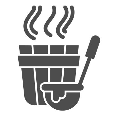 Sauna kovası ve kepçe katı ikon, spa konsepti, beyaz arka planda büyük kaşık işareti olan küvet, mobil ve web tasarımı için glifli sauna aksesuar ikonu. Vektör grafikleri.