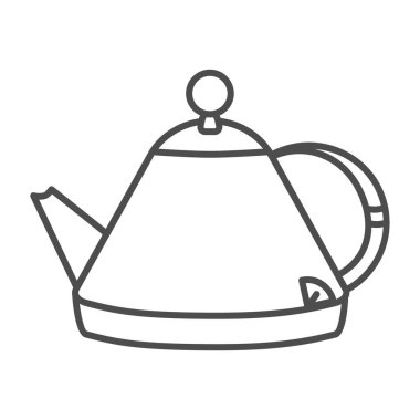Retro klasik kettle ince çizgi ikonu, mutfak gereçleri konsepti, beyaz arka planda mutfak ısıtıcısı tabelası, mobil ve web tasarımı için ana hatlı çay ikonu yapmak için ev çaydanlığı. Vektör grafiği.