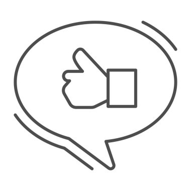 Sohbet baloncuğu ince çizgi ikonunda jest, el hareketi konsepti, beyaz arkaplanda işaret işareti, mobil ve web tasarımı için taslak biçiminde konuşma baloncuğu ikonu gibi. Vektör grafikleri.