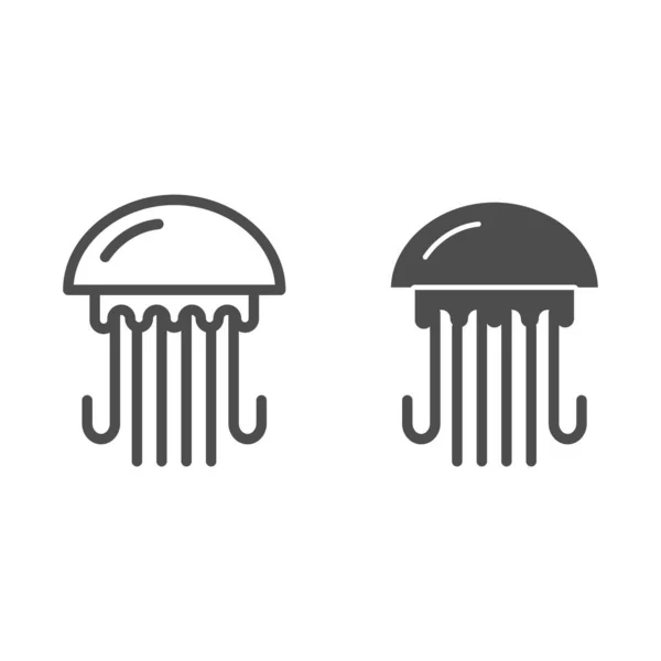 Линия медуз и твёрдая икона, концепция океана, знак морских животных на белом фоне, иконка медузы в стиле набросков для мобильной концепции и веб-дизайна. Векторная графика . — стоковый вектор