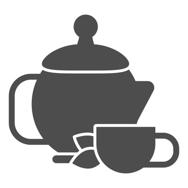 Czajnik z zielonej herbaty i filiżanki stałej ikony, koncepcja relaksu, chiński znak ceremonii herbaty na białym tle, ceramiczny czajnik i miska zielonej ikony herbaty w stylu glifowym. Grafika wektorowa. — Wektor stockowy