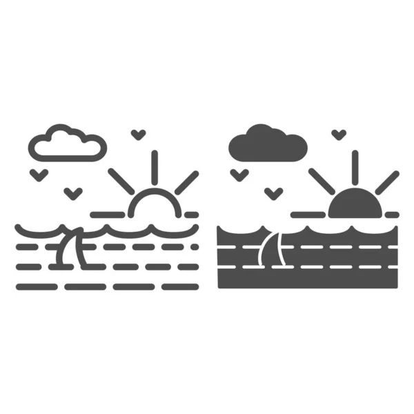 サメの線と固体アイコン、海洋概念、太陽、雲やカモメの白い背景に海の風景と海の波、アウトラインスタイルで波のアイコンでサメのフィン、モバイル。ベクトルグラフィックス. — ストックベクタ