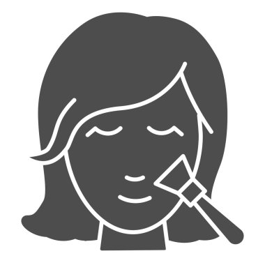 Katı bir ikona sahip kız yüzü, kozmetoloji konsepti, beyaz arka planda makyaj işareti yapmak, mobil konsept için glyph tarzı fırça ikonu olan güzel bir kadın, web tasarımı. Vektör grafikleri.