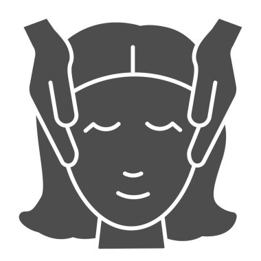 Kız eli ve kafası sağlam ikon, spa salonu prosedürü konsepti, beyaz arka planda kadın yüz masajı tabelası cep telefonu ve internet için glifli masaj ikonu. Vektör grafikleri.