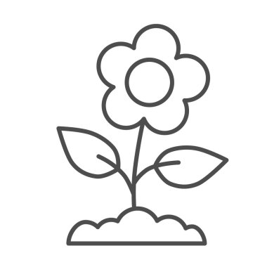 İnce çiçek çizgisi ikonu, çiçek konsepti, arka planda yapraklar olan bahar çiçeği, taşınabilir konsept ve web tasarımı için özgün çiçek ikonu. Vektör grafikleri.