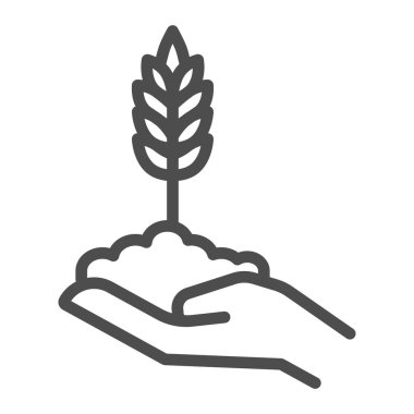 İnsan el çizgisi ikonunda buğday filizi, tarım konsepti, beyaz arka planda Spica el işareti, mobil tasarım için buğday kulağı ikonu. Vektör grafikleri.
