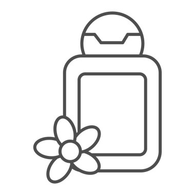 Çiçek ince çizgi ikonlu kozmetik şişesi, kaplıca salonu konsepti, beyaz arka planda yağ şişesi tabelası, mobil konsept ve web tasarımı için spa kozmetik losyonu ikonu. Vektör grafikleri.