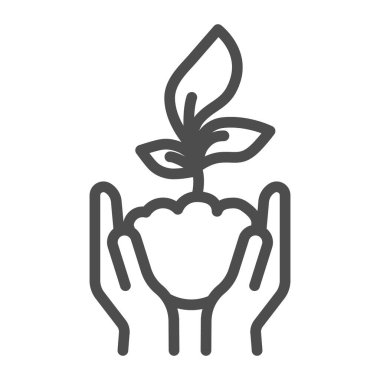 İnsan avuçlarında taze bir filiz çizgisi simgesi, doğa konseptini kaydet, beyaz arka planda filizlenme sembolü, mobil konsept ve ağ için taslak biçimli el ikonu var. Vektör grafikleri.