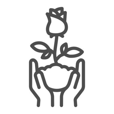 İnsan elleri gül çiçeğini toprak çizgi ikonunda, çiçek kavramında, gül çiçeğini beyaz arka planda yapraklarla, gül çiçeğini el ikonunda cep telefonu stilinde tutar. Vektör grafikleri.