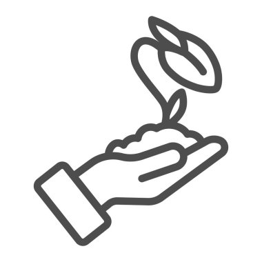 İnsan eli kapalı çiçek tomurcuğunu toprak çizgi ikonu, ekoloji konsepti, beyaz arka planda kapalı çiçek tabelası, çiçek çiftçinin elinde ana hatlar şeklinde, mobil şeklinde büyür. Vektör grafikleri.