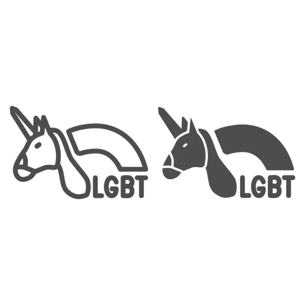 Linia jednorożca i tęczy oraz solidna ikona, koncepcja LGBT, symbol gejów i lesbijek na białym tle, jednorożec LGBT z ikoną tęczy w zarysie dla mobilnej koncepcji, projektowanie stron internetowych. Grafika wektorowa. — Wektor stockowy