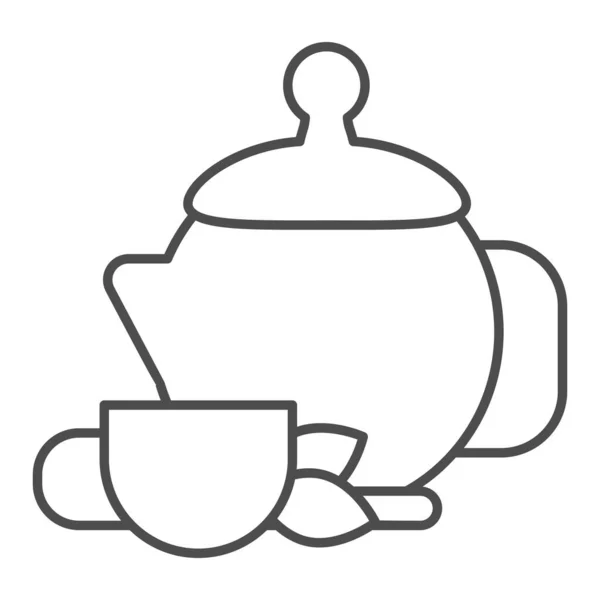 Czajnik z zielonej herbaty i filiżanki cienkiej ikony linii, koncepcja relaksu, chiński znak ceremonii herbaty na białym tle, ceramiczny czajnik i miska zielonej ikony herbaty w zarysie stylu. Grafika wektorowa. — Wektor stockowy