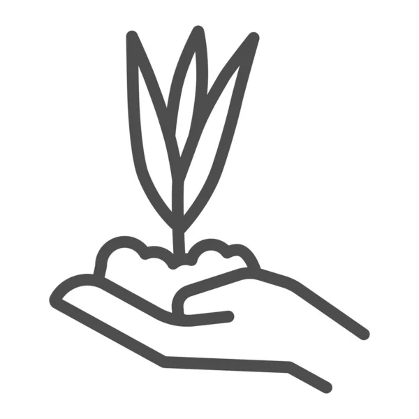 Flor joven crece a partir del icono de la línea de tierra en la mano, concepto de primavera, pequeña planta con el signo de hojas en el fondo blanco, plántulas en el icono de la mano del agricultor en el estilo de contorno, móvil. Gráficos vectoriales . — Archivo Imágenes Vectoriales