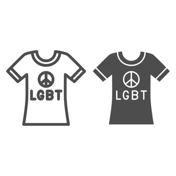 T-shirt avec symbole de pacifisme et texte ligne de lgbt et icône solide, concept LGBT, tissu avec signe d'impression de fierté lesbienne sur fond blanc, icône de T-shirt dans le style de contour pour mobile, web. Graphiques vectoriels . — Image vectorielle