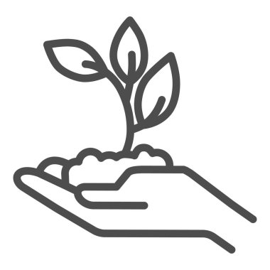 El çizgisi simgesinde üç yaprak olan genç filiz, ekoloji kavramı, beyaz arka planda bir avuç toprak tohumu, mobil için taslak şeklinde genç büyüme ikonu. Vektör grafikleri.