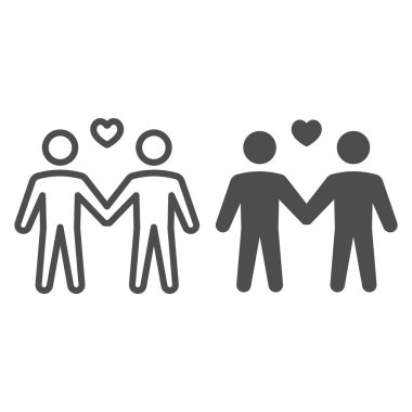Eşcinsel çift çizgisi ve sağlam ikon, LGBT konsepti, beyaz arka planda kalp işareti olan iki adam, mobil konsept ve web tasarımı için homoseksüel çift simgesi. Vektör grafikleri.