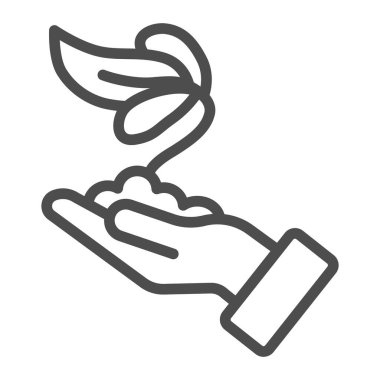 El çizgisi ikonuna sahip genç bitki, bahçe konsepti, beyaz arka planda el işaretli çiçek tohumu, mobil için ana hatlı filizlenme ikonu olan insan palmiyesi. Vektör grafikleri.