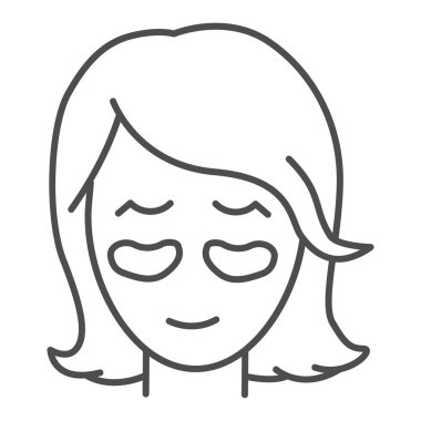 Yamalı kız yüzü, ince çizgi simgesi, güzellik prosedürü konsepti, beyaz arka planda göz altına kozmetik yamalar yapıştırma, kadın yüz simgesine ana hatlarıyla jel yaması. Vektör grafikleri.